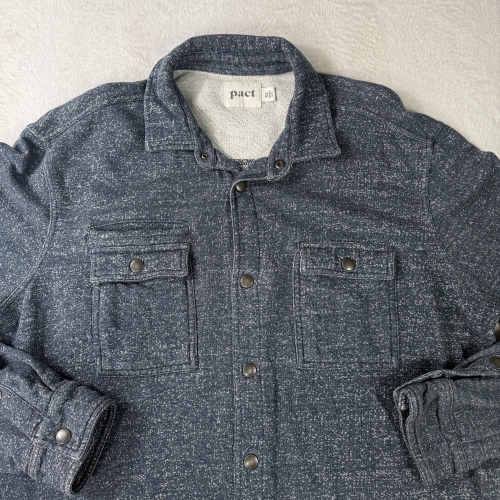 Pact Shirt Jacket Shacket Sweater Mens XL Gray Blue Snap 100% Organic Cotton